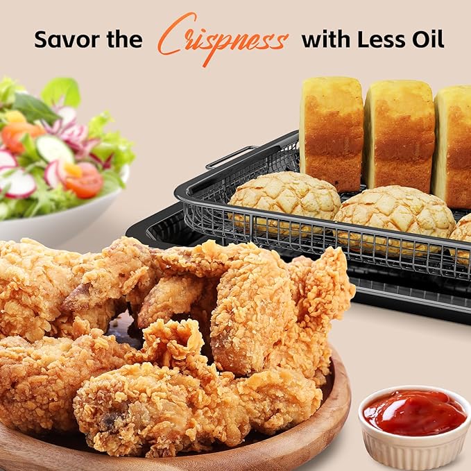 Air Fryer Pans for Oven, Oven Air Fryer Basket and Tray with Cooking Guide &30 PCS Parchment Papers, DEGOVIN Crisper Tray Non-stick Stainless Steel Air Fry Pans for Convection Oven(14.88"×10.98"Black)