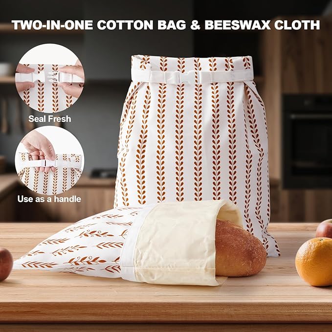 Beeswax Bread Bags for Sourdough, Reusable Bread Bags for Homemade Bread, 2 Pack Sourdough Bread Storage, Natural Cotton Beeswax Bags