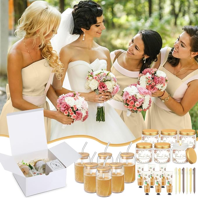 Reallnaive 6 Sets Baby Shower Prizes for Game Winners, Baby Shower Favors Glass Cup Scented Candles Hand Cream Pens Gift Box with Raffia for Gender Reveal Wedding Bridal Party Prizes (Beige Brown)
