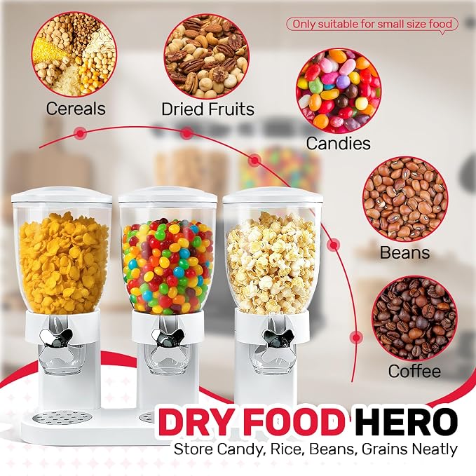 Triple Cereal Dispenser Countertop 2L, Airtight Cereal Containers Storage, Large Capacity Total 6L for Kitchen Pantry, Rotating Dry Food Dispenser for Candy, Nut, Coffee Beans, White