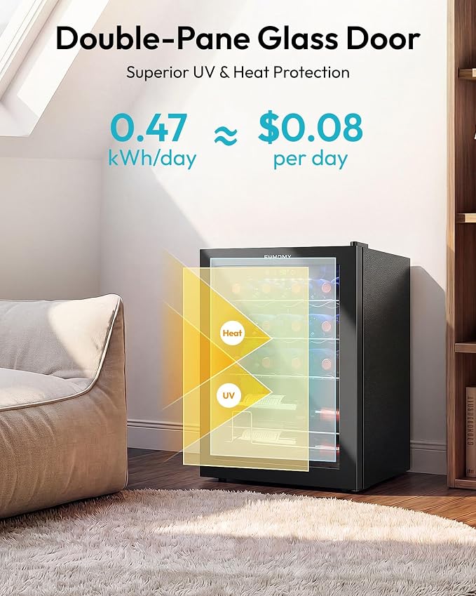 EUHOMY 16 Bottle Wine Cooler Refrigerator, Compressor Wine Fridge with Glass Door, Freestanding Wine Cellar with Digital Temp Control & LED Light for Red White Wine Beer Home Bar Office, 1.7 Cu.Ft