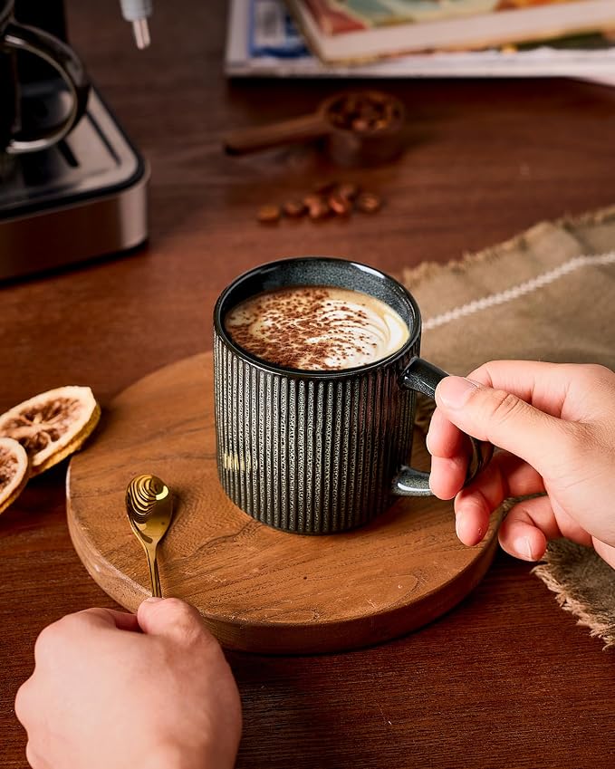famiware Coffee Mug Set for 8, Star 12 oz Catering Mugs Cup Set with Handle for Coffee, Tea, Cocoa, Milk - Ceramic Stoneware Drinkware Set, Deep Forest