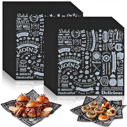 Outus 1800 Pcs 12 x 12 Inch Deli Wax Paper Sheets Grease Resistant Tray Basket Liners Newsprint Paper Water and Grease Proof Sandwich Wrapping Square Hot Dog Wrapper for Food Baking (Black)