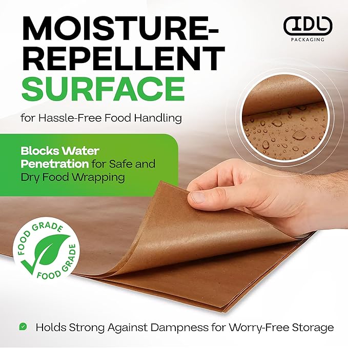 Brown Wet Wax Paper Roll 18" x 100' - USA-Made Moisture-Repellent Cooking Paper for Packing, Storing & Freezing - Heavy-Duty Food-Safe Wrapping Material for Meat, Cheese & Baked Goods by IDL Packaging