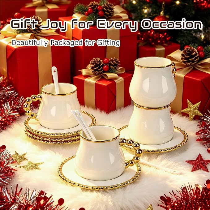 Espresso Cups with Saucers, Ceramic Coffee Cup Set of 4, 8 OZ Turkish Coffee Cup Set, Elegant Coffee Cup Gift for Double Shot, Latte, Cafe Mocha and Tea, Dishwasher & Microwave Safe