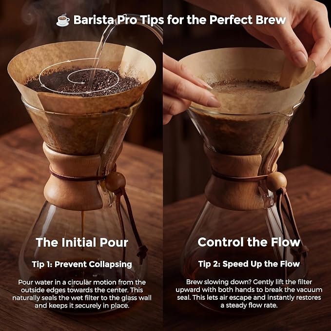 AGOGO Pour Over Coffee Maker Glass with 50pcs Paper Filters -for Home, Office, Camping, Cafes - Easy Clean Coffee Dripper Set (Soft Towel&Brush)(34oz Slim Shape w/Paper Filters)