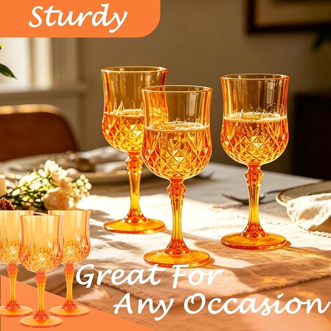 Plastic Wine Glasses, Plastic Goblets Vintage Style Cordial Unbreakable Drinking Glasses, Reusable Drinkware for Wedding Reception, Grand Event Party Supplies (24, Pumpkin orange)