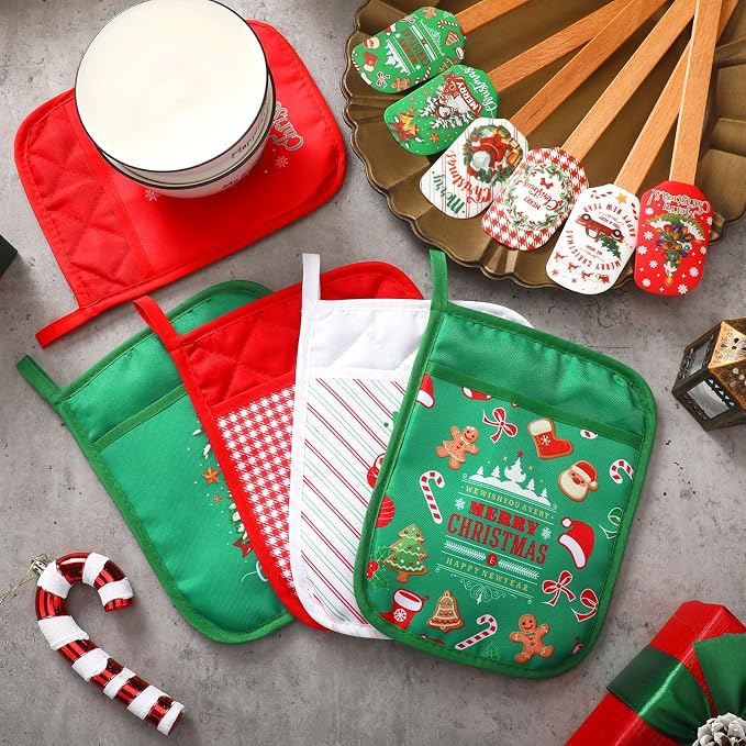 Zhehao 24 Pcs Christmas Silicone Spatulas Pot Holders Set - Heat Resistant Pot Holders with Pocket - Baking Gifts for Party Supplies (Cute Christmas Style)