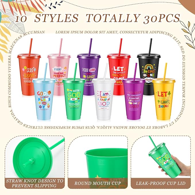 Uiifan 30 Pcs VBS Christian Cups for Kids Bulk, Reusable Plastic Tumblers with Lids and Straws, Bible Verse Cups for Sunday School, VBS, Church Events, Classroom Rewards, Kids Party (Multicolor)