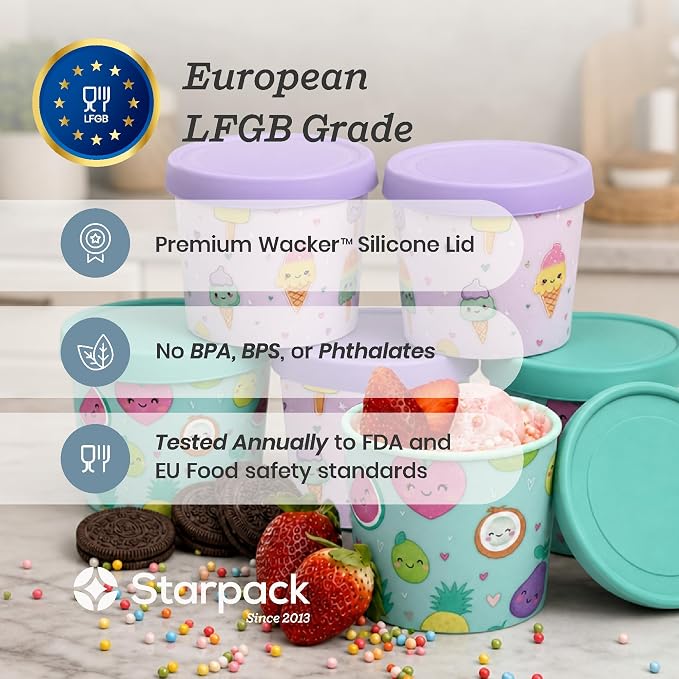 Starpack Freeze The Day Ice Cream Containers for Freezer (6-Pack, 13.5oz) - Dessert Single Serve with Silicone Lids - BPA-Free, Airtight, Reusable for Homemade Ice Cream, Sorbet, Kawaii Pink & Green