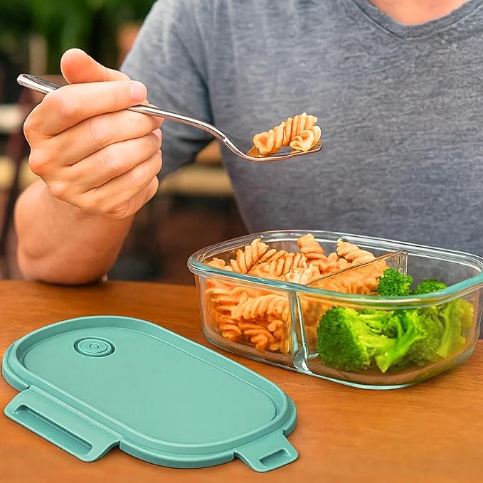 Neoflam 12-Pieces Airtight Kitchen 2 Compartment Storage, Oval Bento Glass Food Container with Vent, Microwave Meal Prep Canister, Dishwasher and Oven Safe (37 oz / 1.1 Liter / 4.6 cups)