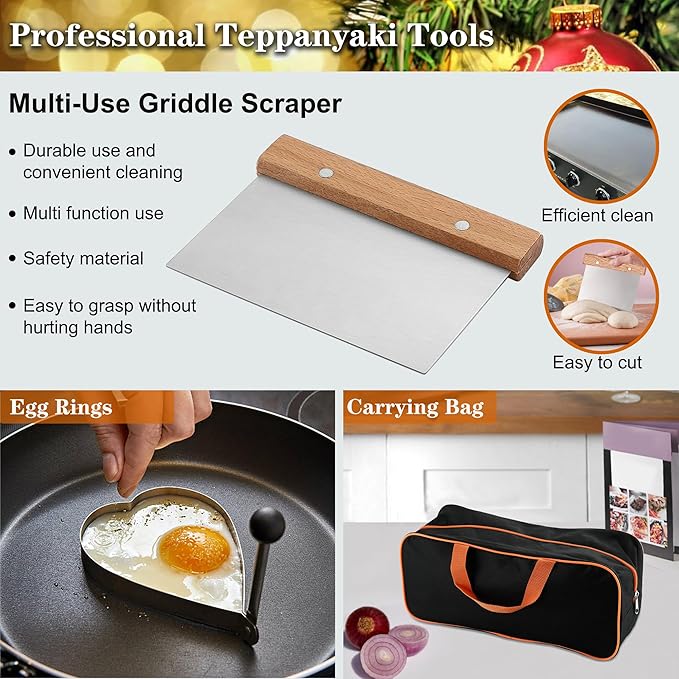 ROMANTICIST Professional Grade Griddle Accessories Kit - 30PCS Flat Top Grill Tools Set for Breakfast, Outdoor Grilling, Teppanyaki - Heavy Duty Griddle Spatula Scraper Burger Press - Ideal Grill Set
