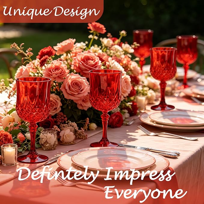 Plastic Wine Glasses, Plastic Goblets Vintage Style Cordial Unbreakable Drinking Glasses, Reusable Drinkware for Wedding Reception, Grand Event Party Supplies (48, Red)