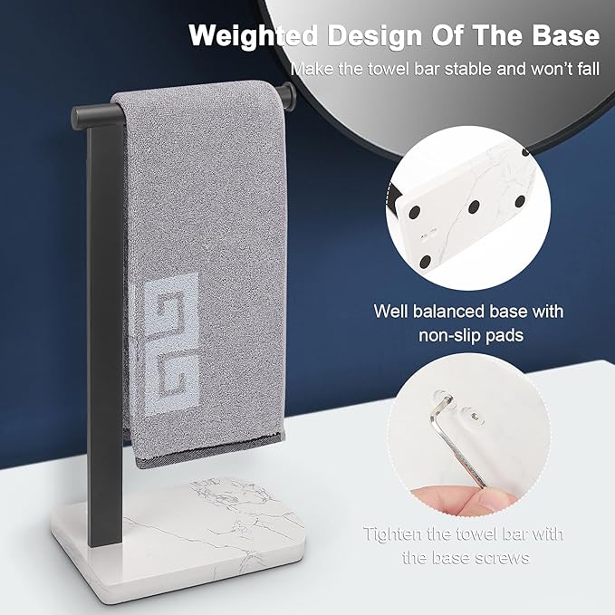 NearMoon Hand Towel Holder with Balanced Marble Base, 304 Stainless Steel Stand Towel Ring L Shape Hand Towel Rack Free-Standing Towel Bar for Bathroom Kitchen Countertop (Single Rod, Matte Black)