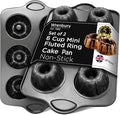Wrenbury Set of 2 Nonstick Mini Buntz Cake Pan Non Stick for Baking - 6 Cup Bundlette Fluted Cake Tin for Small Cakes - PFOA Free and Dishwasher Safe - 3.75” Cup Width