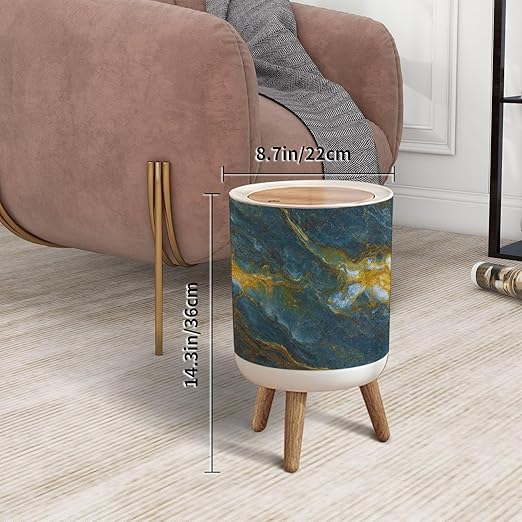 Trash Can with Lid Luxurious Dark green Marble texture Golden veins Natural Luxury Style Press Top Round Small Garbage Bin with Wooden Legs Waste Basket for Kitchen Bedroom Nursery 7L/1.8 Gallon
