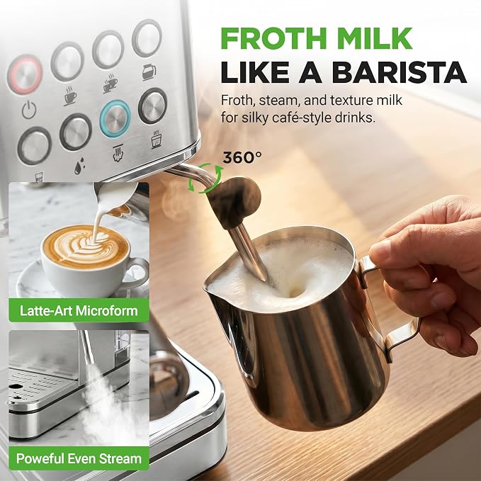 NutriChef 20-Bar Espresso Maker With Milk Frother | Removable 1.8 Quart Water Tank | Coffee Maker for Brewing Espresso, Cappuccino, Latte, Americano & Cold Brew Coffees | Stainless Steel