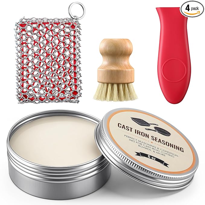 4pcs Cast Iron Cleaner and Care Kit - 6oz Cast Iron Seasoning Wax, Chainmail Cleaning Scrubber, Silicone Pot Handle Holder and Bamboo Dish Brush for Wok, Skillet, Pan, Dutch Oven, Griddle