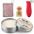 4pcs Cast Iron Cleaner and Care Kit - 6oz Cast Iron Seasoning Wax, Chainmail Cleaning Scrubber, Silicone Pot Handle Holder and Bamboo Dish Brush for Wok, Skillet, Pan, Dutch Oven, Griddle