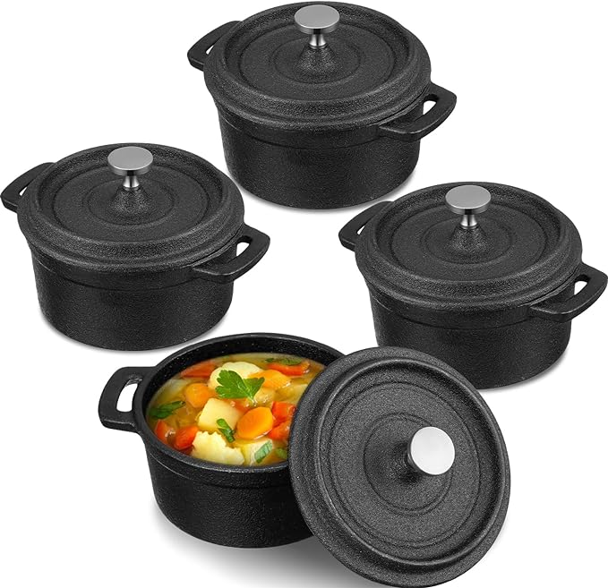 4 Pcs Mini Dutch Oven, 500F Small Round Iron Cocotte Black Dutch Oven Pot with Lid and Dual Handles Cast Iron Pot for Stovetop Use Marinate Cook Bake Refrigerate, Individual Servings(20 oz)