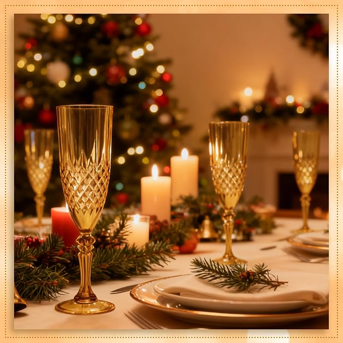 Plastic Champagne Flutes, Champagne Glasses Bulk, Reusable Unbreakable Acrylic Wine Glasses Goblets for Weddings Bachelor Parties Toasting Bridal Shower (12,Amber)
