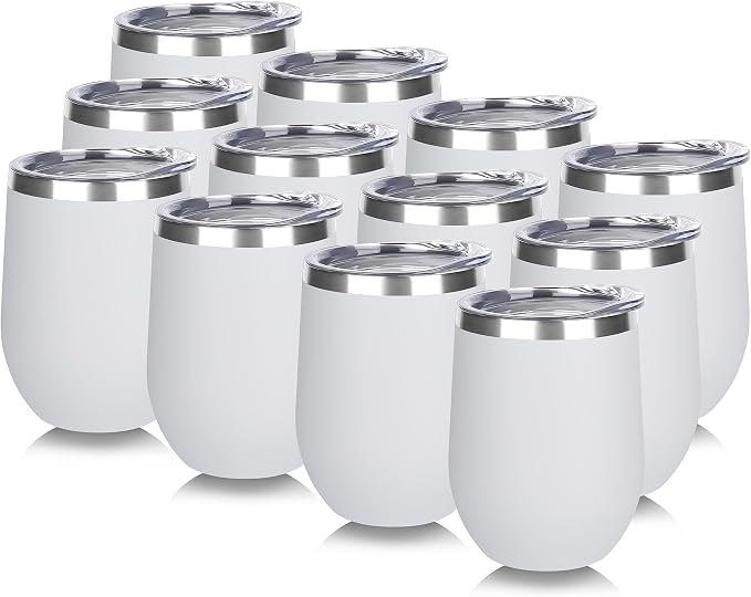 DOMICARE Stainless Steel Wine Tumbler Bulk with Lid, Personalized White Insulated Tumblers Set, 12oz Travel Coffee Cups Pack of 12