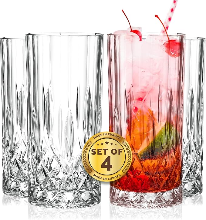 Barski Highball Glass - Drinking Glasses - Set of 4 - Hiball Tumblers - Glass Crystal Tumbler - for Water, Juice, Beer, Mixed Cocktails, Mojito Glass, Tom Collins Bar Glassware, 13 oz, Made in Europe