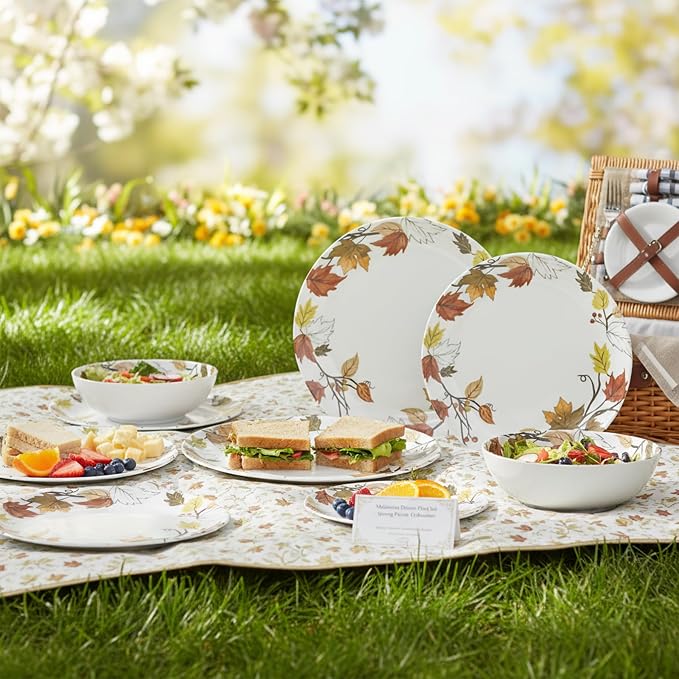 Melamine Dinnerware Sets 12 Pcs, Spring Party Plates and Bowls Sets, Camping Dishes Set for 4, Unbreakable, BPA Free, Dishwasher Safe（Yellow Maple Leaves）