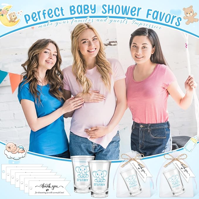 Pickmesh 25 Sets Baby Shower Shot Glasses for Guests Include Acrylic Clear Shot Glasses Thank You Cards Organza Bags Babies Shower Gifts for Gender Reveal Party Supplies (Elephant Boy)