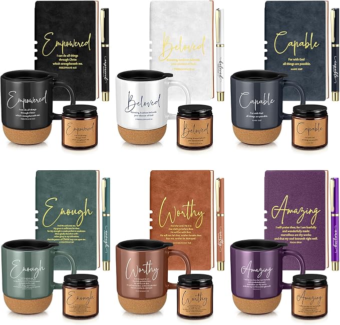 FillTouch 6 Set Christian Gifts for Women Men 15 oz Ceramic Bible Verses Coffee Mug A6 Leather Journal with Pen and Scented Candle Religious Gift for Pastor Church Sunday School(Classic Color)