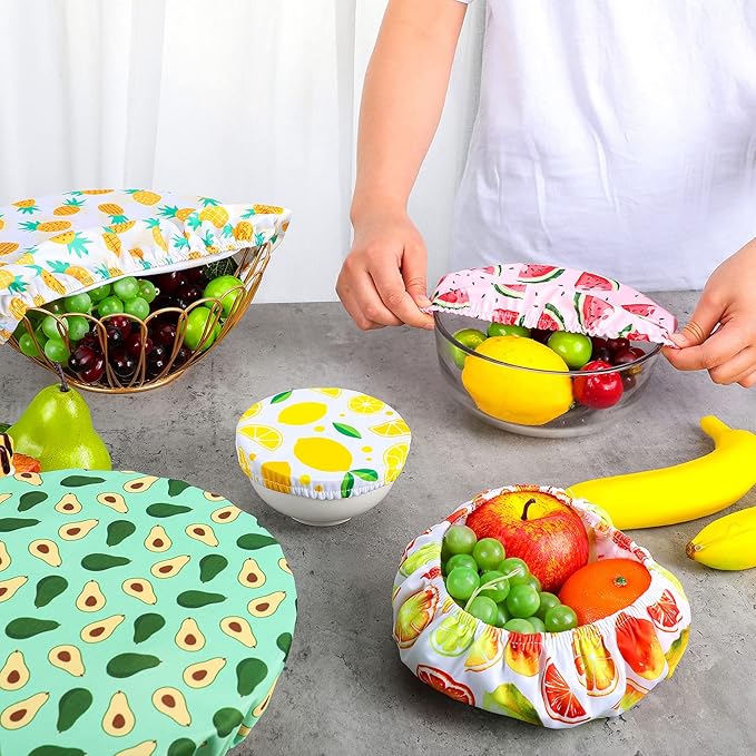 Patelai 10 Pcs Bowl Covers Reusable in 5 Size Stretch Cloth Fabric Elastic Food Storage Bowl Covers Bread Sourdough Lids for Proofing Food Fruits Leftover (Bright,Summer Style)