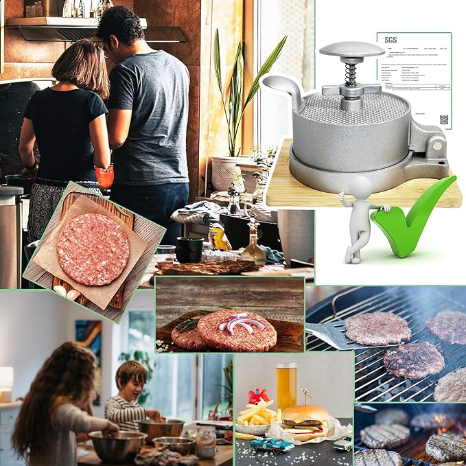 Heavy Duty Hamburger Press Patty Maker, Adjustable 1/4 to 3/4 lb Meat Mold, Detachable Spring Plunger with Bamboo Base, Shape Perfect Burgers in 1-Sec for Daily Meals & BBQ