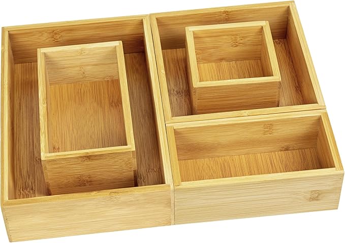 VaeFae 5 PCS Bamboo Drawer Organizers Set, 5-size Organizer Box, Storage Bins for Kitchen, Bathroom, Office, Bedroom and Living Room