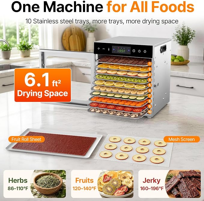 HOPERAN 10 Tray Food Dehydrator Machine for Jerky, Fruit, Herb & Dog Treats | Stainless Steel, Max.196℉ Digital Temperature & Timer Control, 400W, Quiet <48dB, Including 2 Mesh Screens, 1 Fruit Roll Tray