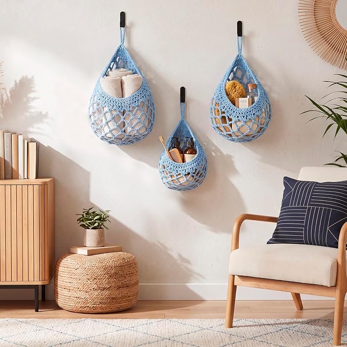 Honeydak Boho Decor Hanging Wall Baskets for Kitchen 3 Pack Teardrop Baskets with Hooks Storage Fruit Onion Vegetable Potato for Home 3 Sizes(Light Blue,Crochet,Cotton Rope)