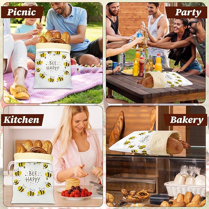 Bread Bags for Homemade Bread, Bee Happy 2 Pack Linen and Beeswax Sourdough Storage Bags, Reusable Keeper, Keeps Breads Fresh Longer, Gifts for Bakers
