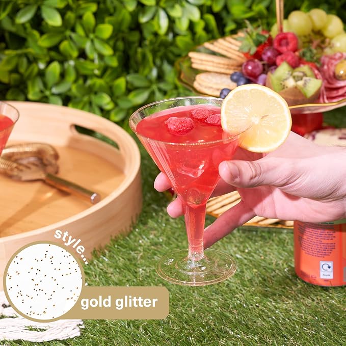 MATANA 48 Glitter Gold Plastic Martini Cocktail Glasses 7 oz - Elegant & Reusable - Manhattan, Margarita, Cosmopolitan, Desserts - Weddings, Birthdays, Parties