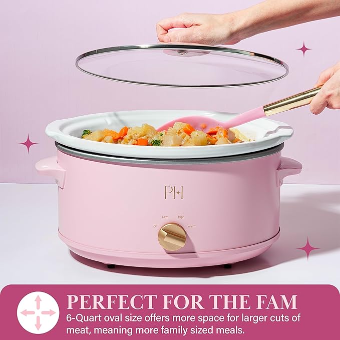 Paris Hilton 6-Quart Manual Slow Cooker, Naturally Nonstick Stoneware Ceramic Insert, Three Settings (Low, High, Warm), Dishwasher Safe Family Size Slow Cooker, Pink