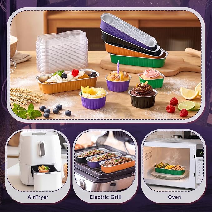 Blushtier 120 Set/240 Pcs Halloween Mini Loaf Pans with Lids and Spoons Halloween Disposable Mini Cake Pans 6.8, 5, 4.2 oz Square Rectangle Round Aluminum Foil Cupcake Baking Cups Dessert Liners Tins
