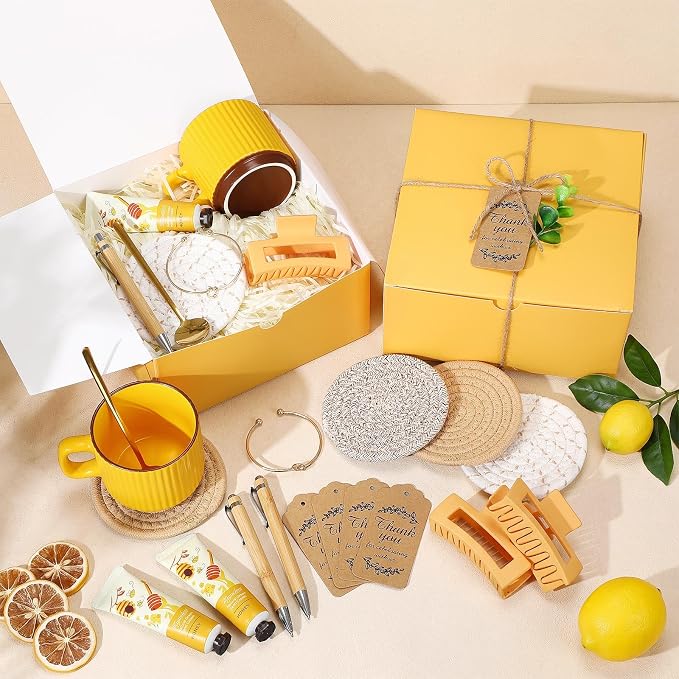Reallnaive 61 Pcs Baby Shower Prizes for Game Winners Include Ceramic Mug Coaster Hand Cream Pen Spoon Bracelet Hair Clip Card Gift Box with Raffia for Guest Gender Reveal Bridal Shower Party (Yellow)