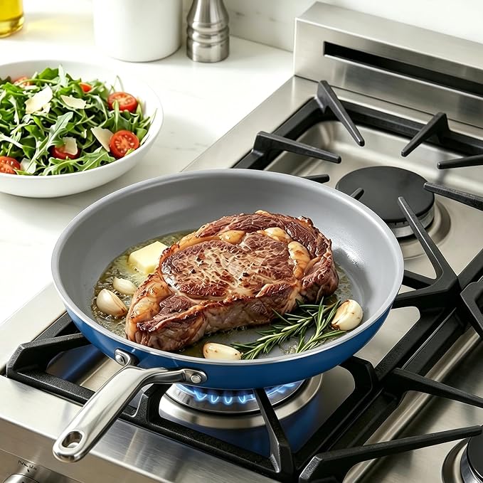 7-Piece Blue Ceramic Nonstick Cookware Set, Pots & Pans | 4 pots, 3 clear lids; stay-cool grips; 100% PFAS-free; 480°F oven & dishwasher safe; heavy daily family cooking routines