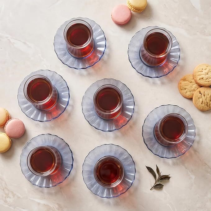 KARACA Luna 12-Piece Turkish Tea Cups for 6 People, 4.4 fl oz (130 ml) Turkish Tea Glasses Set with Elegant Light Blue Glass Saucers, Traditional Tulip Teacups, Hand Wash Recommended