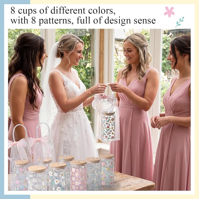 Mumufy 8 Sets Daisy Flower Glass Cups with Clear Gift Bag 16 oz Reusable Pink Yellow Iced Coffee Mugs Aesthetic Cute Tumbler with Lids and Straws, Gifts for Girls Women Bridesmaid