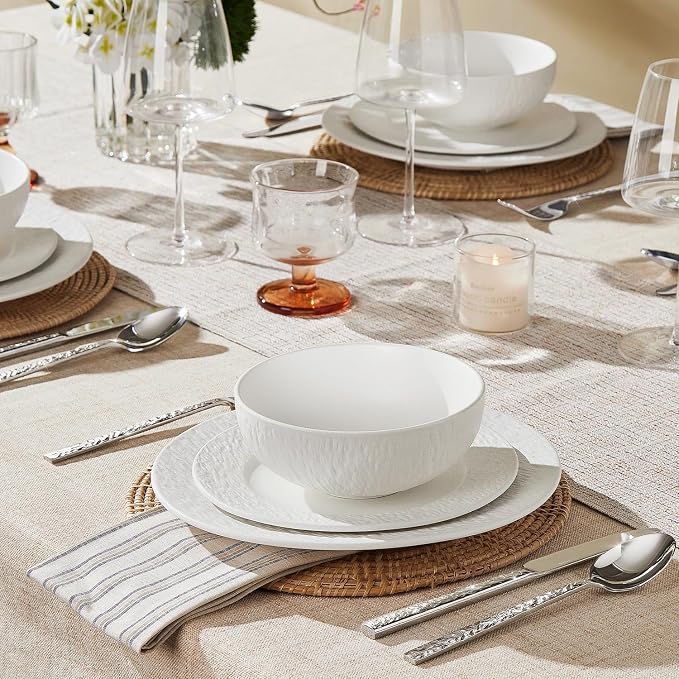 KINGSTONE Dinnerware Sets, 24-Piece Matte Marble Pattern Premium Porcelain dishes set, Plates and Bowls Sets for 8, Place Setting with Dinner Plate, Salad Plate, Pasta Bowl (White)