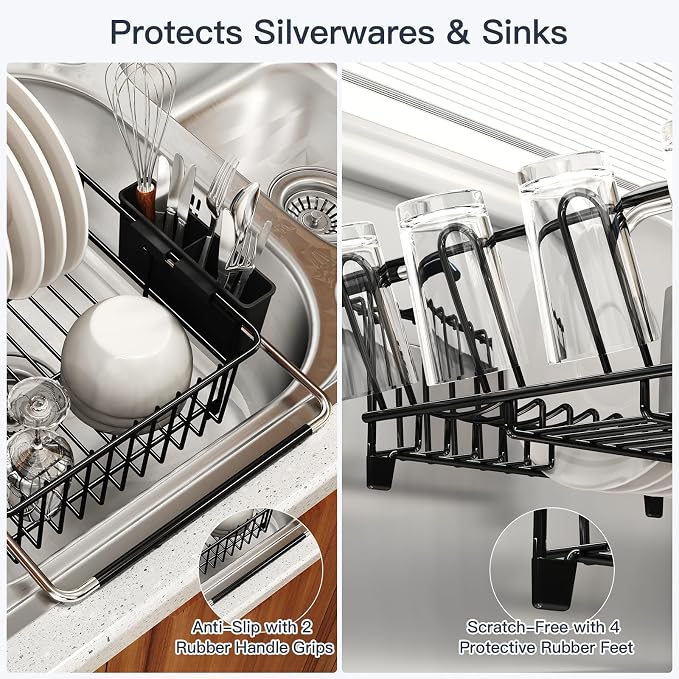 MAJALiS Dish Drying Rack Over The Sink with Utensil Holder, Mat | Expandable Stainless Steel Dish Drainer for Small Kitchen, Apartment, RV, Counter Space Saving, Perfect Fit, Rustproof