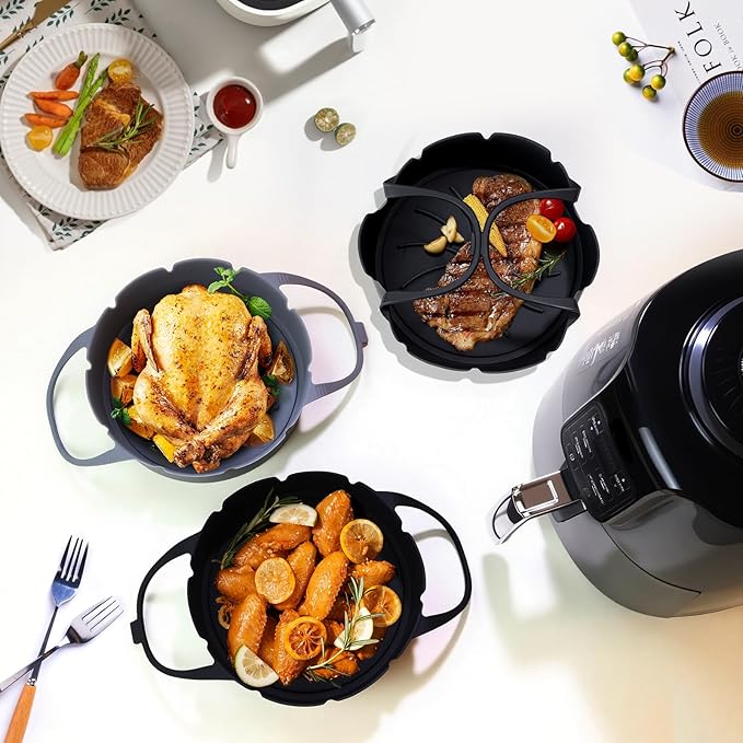 2 Pack Round Silicone Air Fryer Liners, Thickened Reusable Basket Liners with Extended Snap-on Handle, Compatible with Ninja AF101/AF150/AF141/AF161 4-5.5QT Air Fryers,Air Fryer Accessories
