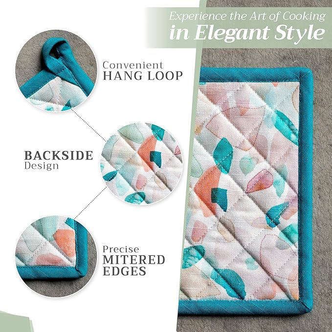 Maison d' Hermine 100% Cotton Oven Mitt & Pot Holder Set (7.5"x13" & 8"x8") Heat Resistant BBQ Cooking Gloves with Loop Baking Grilling Kitchen Gifts for Mothers Day Spring/Summer (Summer Picnic)