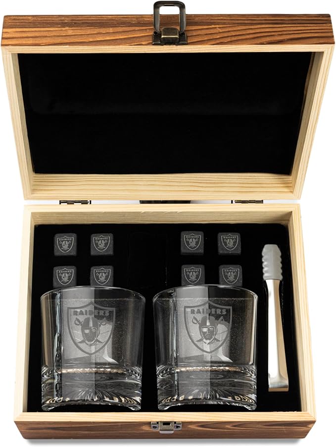 The Memory Company Officially Licensed NFL Wood Boxed Drinkware Set, with 2 Rocks Glasses and Cooling Cubes, Las Vegas Raiders