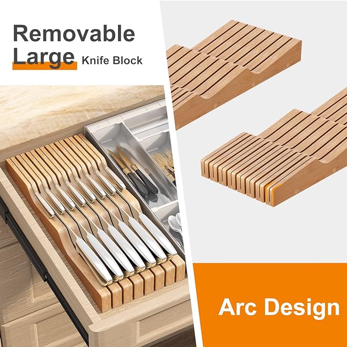In-Drawer Knife Block Organizer - Bamboo Wood Drawer Knife Organizer-Protecting Knife Organizer Block (Not Included) (Natural, 15 Knives Dock)