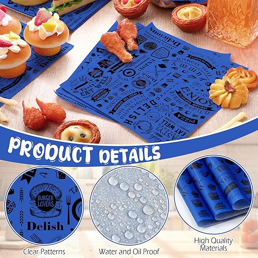 Outus 600 Pcs 12 x 12 Inch Deli Wax Paper Sheets Grease Resistant Tray Basket Liners Newsprint Paper Water and Grease Proof Sandwich Wrapping Square Hot Dog Wrapper for Food Baking (Blue)